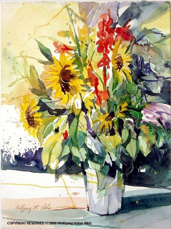 Sonnenblumen und Gladiolen